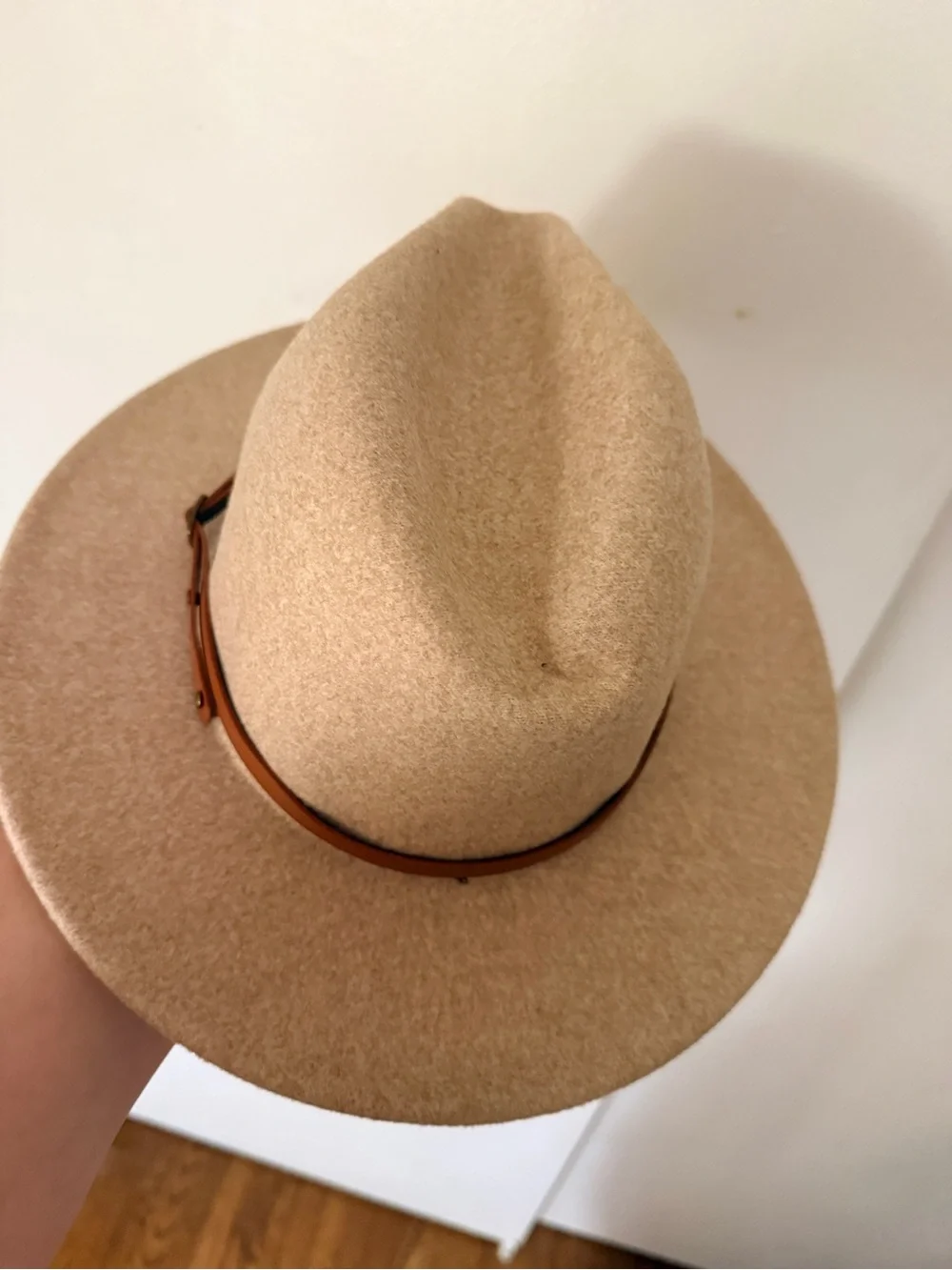 Beige Wool Rancher Hat with Brown Leather Band